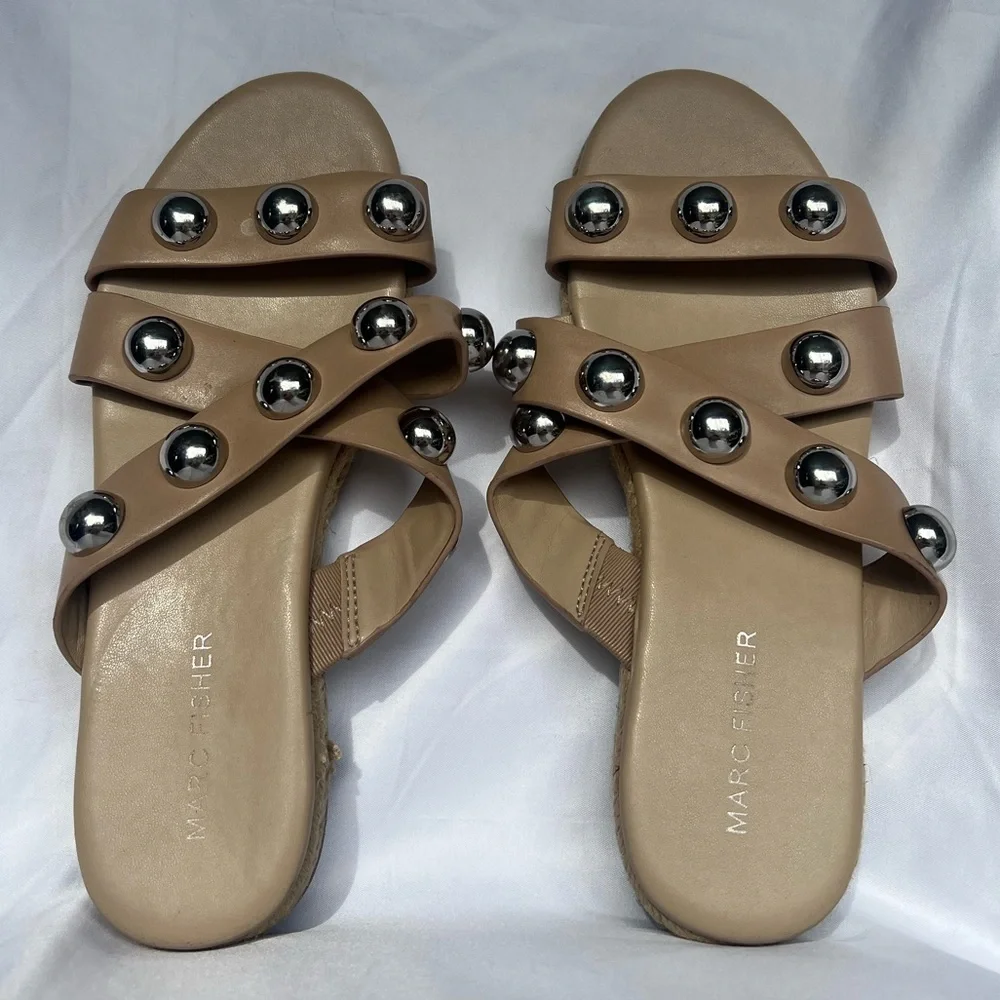 Marc Fisher Prisca Ball-Studded Espadrille Sandals in Tan
